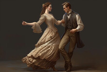 Beautiful Couple Of Young People In Victorial Era Style Clothes Dancing, Novel Characters, Created With Generative AI Technology