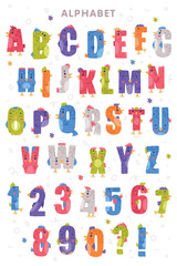 Poster - Bird alphabet letters and numbers. Bright colorful letters and numerals with eyes, beaks and wings cute cartoon vector illustration