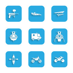 Poster - Set Ambulance and emergency car, Mountain bike, Motorcycle, Snowmobile, Kayak canoe, Jet ski, Hang glider and Paintball gun icon. Vector