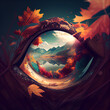 3D render of a spherical panorama 360 degrees angle view of beautiful autumn landscape with lake, forest and mountains under it.