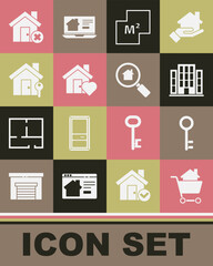 Poster - Set Shopping cart with house, House key, plan, heart shape, wrong mark and Search icon. Vector