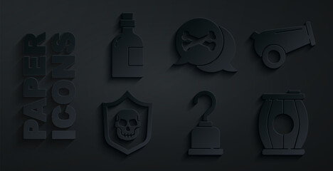 Sticker - Set Pirate hook, Cannon, Shield with pirate skull, Gun powder barrel, Location and Alcohol drink Rum icon. Vector