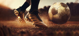 Fototapeta Sport - Epic feet of soccer player step on soccer ball for kick off in sunny stadium. Partial Generative AI.