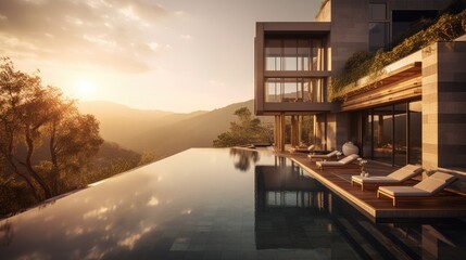 Wall Mural - Splendid hotel, nestled amidst a picturesque landscape, offering breathtaking views of the surrounding mountains and lush forests. Exterior view with swimming pool. Generative AI