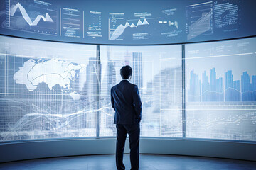 Wall Mural - Data sciencist analyzing complex business financial visualization on computer screen, concept of data mining, big data analysis, statistics, insights, prediction, technology, digital, stock market