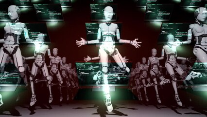 Wall Mural - 3d render motion graphic animation of female robot flying in lines behind other in black background 