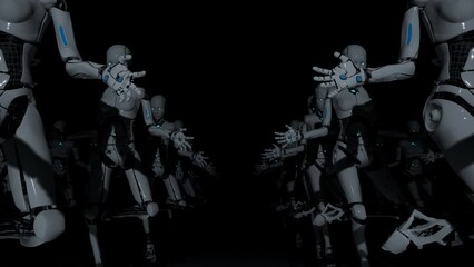 Wall Mural - 3d render motion graphic animation of female robot with black background artificial intelligence arm