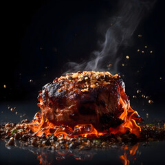 Wall Mural - Grilled pork knuckle with garlic and spices on a black background