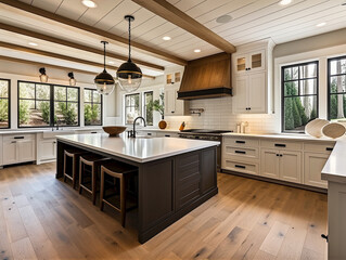 Beautiful white kitchen with dark accents in new modern farmhouse style luxury home