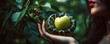 Tempting contemplation of Eve with the fruit of knowledge, the apple; famous representation of the ancient biblical testament. Generative AI
