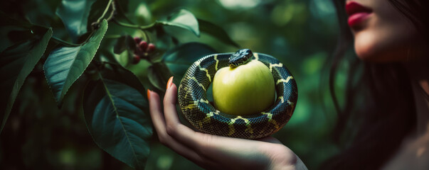 Wall Mural - Tempting contemplation of Eve with the fruit of knowledge, the apple; famous representation of the ancient biblical testament. Generative AI