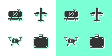 Sticker - Set Suitcase, Fuel tanker truck, Drone flying and Plane icon. Vector