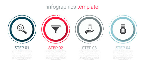 Wall Mural - Set Microorganisms under magnifier, Funnel filter, Test tube and flask and Poison in bottle. Business infographic template. Vector