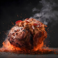 Wall Mural - Meatball on fire with smoke on dark background. Shallow depth of field