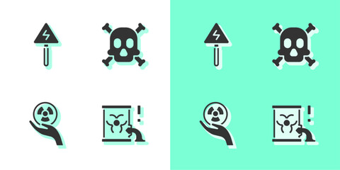 Poster - Set Radioactive waste in barrel, High voltage sign, and Bones and skull warning icon. Vector