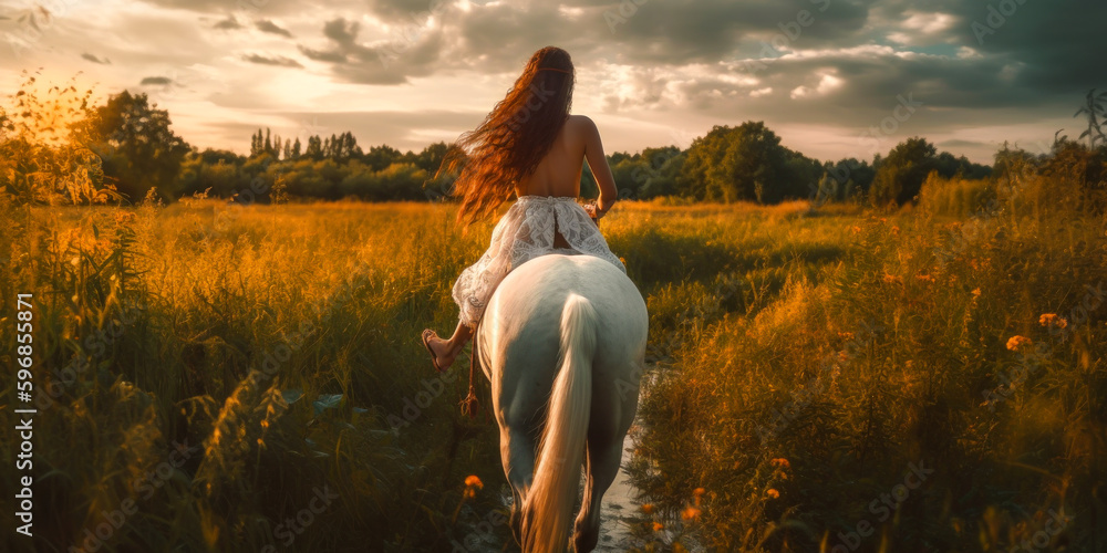 Topless woman riding her horse in a wild meadow at sunset. Gives a