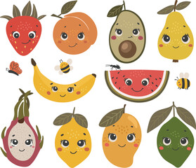 Wall Mural - Cute fruits vector set, Fruits with face, Happy fruits vector set, Summer fruits with eyes, Kids funny illustration