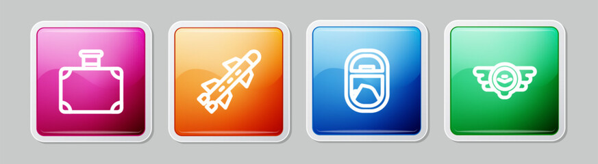 Sticker - Set line Suitcase, Rocket, Airplane window and Aviation emblem. Colorful square button. Vector