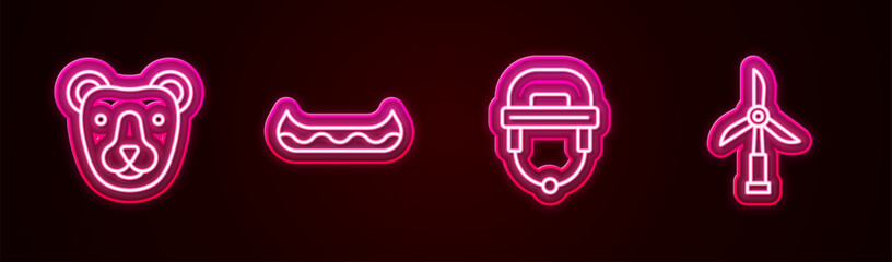 Poster - Set line Bear head, Kayak, Hockey helmet and Wind turbine. Glowing neon icon. Vector