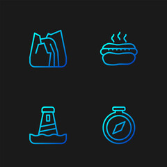 Sticker - Set line Compass, Lighthouse, Waterfall and Hotdog sandwich. Gradient color icons. Vector