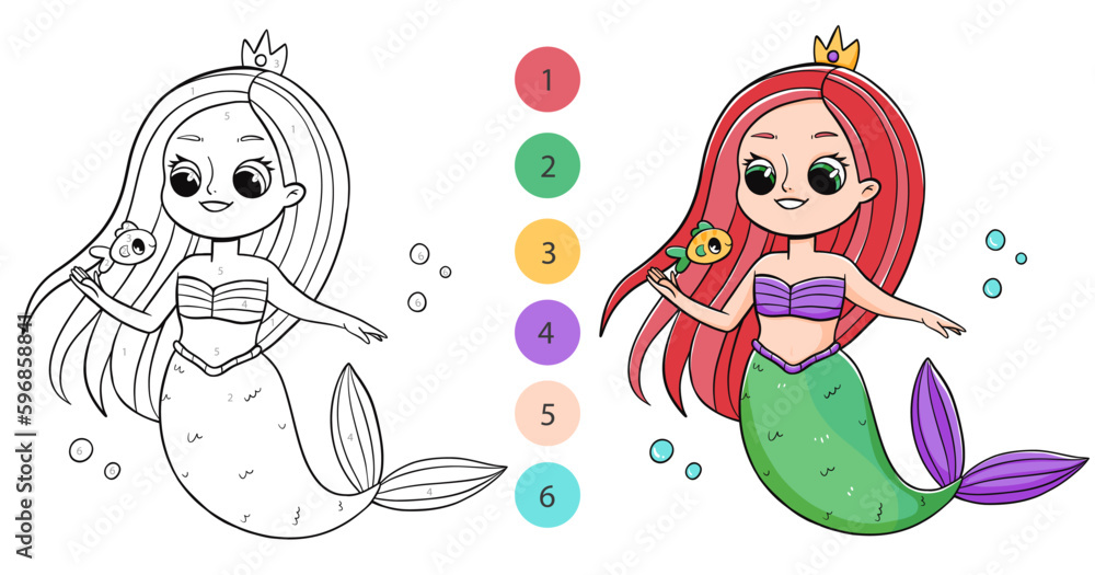 Color By Math Mermaid Color by numbers coloring book for kids with cute mermaid. Coloring ...