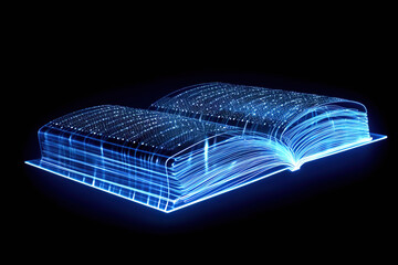 blue digital book on black background, Global world online education, study, science and future technology, generative ai