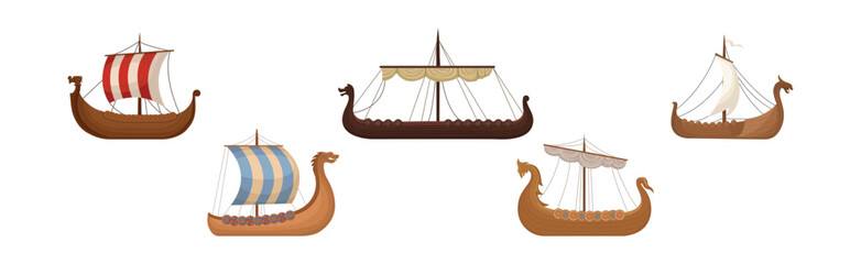 Wall Mural - scandinavian marine vessels or viking ship with dragon head vector set