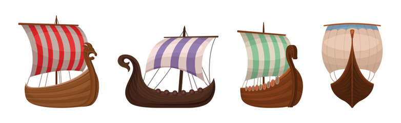 Wall Mural - scandinavian marine vessels or viking ship with dragon head vector set
