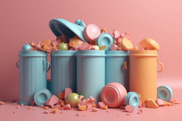 Canvas Print - Garbage segregation ecological life creative as garbage bins filled in front of the house, apartment in pastel colors. Generative AI.