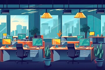 Wall Mural - modern office space with multiple computer workstations. Generative AI