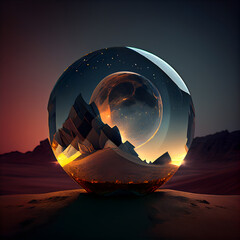 Wall Mural - Fantasy landscape with planet in a glass sphere. 3d rendering