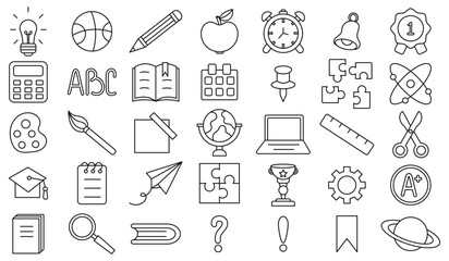 Wall Mural - Back to school. Set of editable stroke icons of office supplies for studying at school. Collection isolated education kids accessory. vector object stuff design. graphic patch element children study