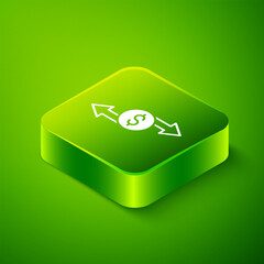 Canvas Print - Isometric Money exchange icon isolated on green background. Cash transfer symbol. Banking currency sign. Green square button. Vector