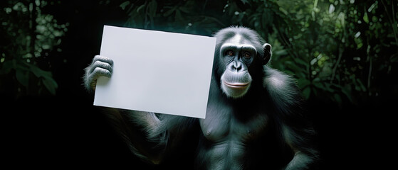 generative ai illustration of a chimpanzee holding a white sign in a jungle, copy space for any text