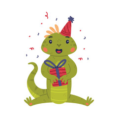 Wall Mural - Funny Green Iguana Character with Scales Sitting in Birthday Hat with Gift Box Vector Illustration