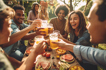 Group of a young people having festive lunch outdoors