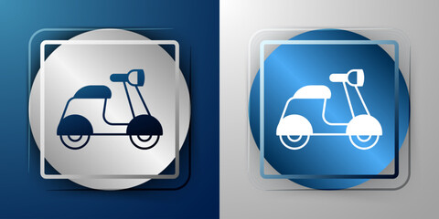 Canvas Print - White Scooter icon isolated on blue and grey background. Silver and blue square button. Vector