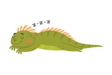 Sticker - Funny Green Iguana Character with Scales Sleeping and Snoring Vector Illustration