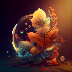 Wall Mural - abstract background with autumn leaves and water drops. 3d illustration