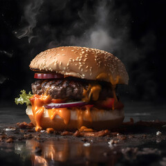 Wall Mural - Delicious cheeseburger with beef patty and vegetables on black background