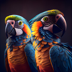 Wall Mural - Colorful macaw parrots on a dark background. 3d rendering