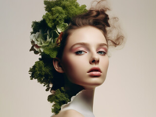 Portrait of woman with green plants hairstyle. AI generated image.