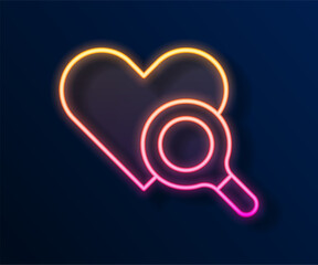 Sticker - Glowing neon line Medical heart inspection icon isolated on black background. Heart magnifier search. Vector