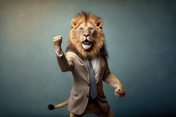 lion in a business suit joyfully saying yes, created with Generative AI technology