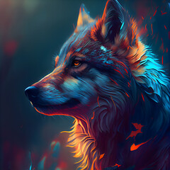 Wall Mural - Portrait of a wolf in fire. Digital painting on canvas.