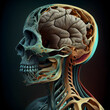 Human skull with brain and nervous system, 3d illustration, horizontal