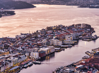 Poster - Long exposure aerial shot of Bergen harbour, lit up after sunset, Norway