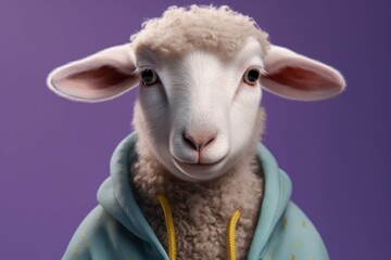 Wall Mural - Anthropomorphic baby sheep dressed in human clothing. Humanized animal concept. AI generated, human enhanced