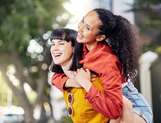 Sticker - Make a smile your signature accessory. Shot of two young women enjoying a piggyback ride outdoors.