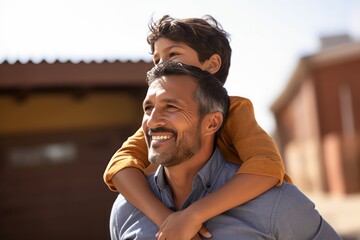 Happy smiling father giving son ride on back